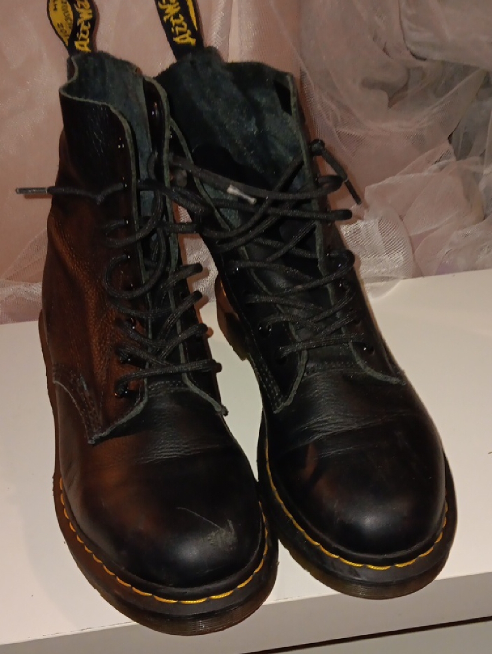 Dr. Martens Black Lace-Up Leather Boots with Yellow Stitching
